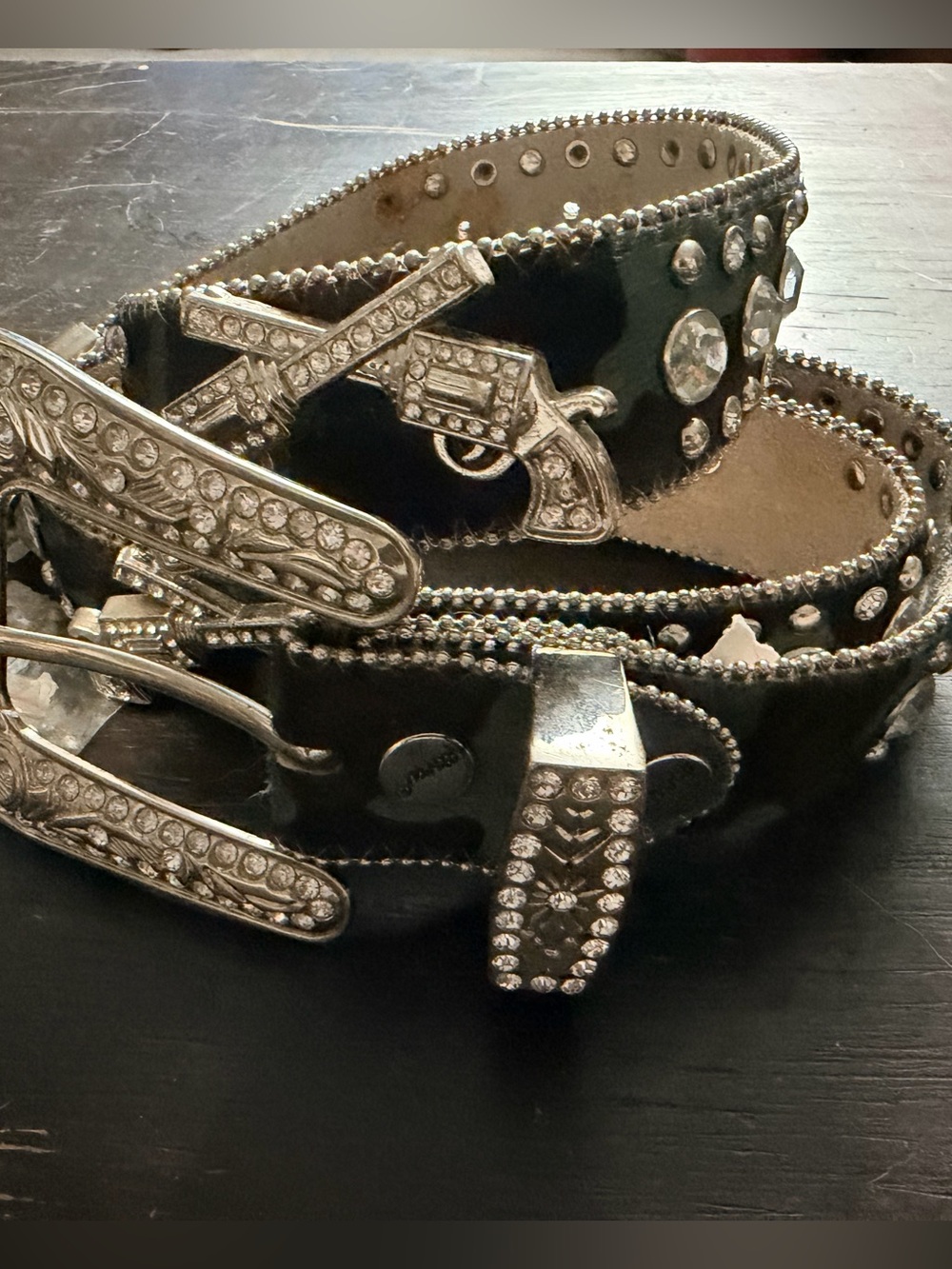 Camo green cowhide rhinestone gunslinger pistols western bling belt large